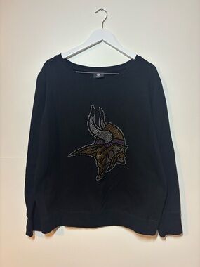NFL Black Crewneck Sweater with Gold & Purple Rhinestone Viking Logo, Size XL